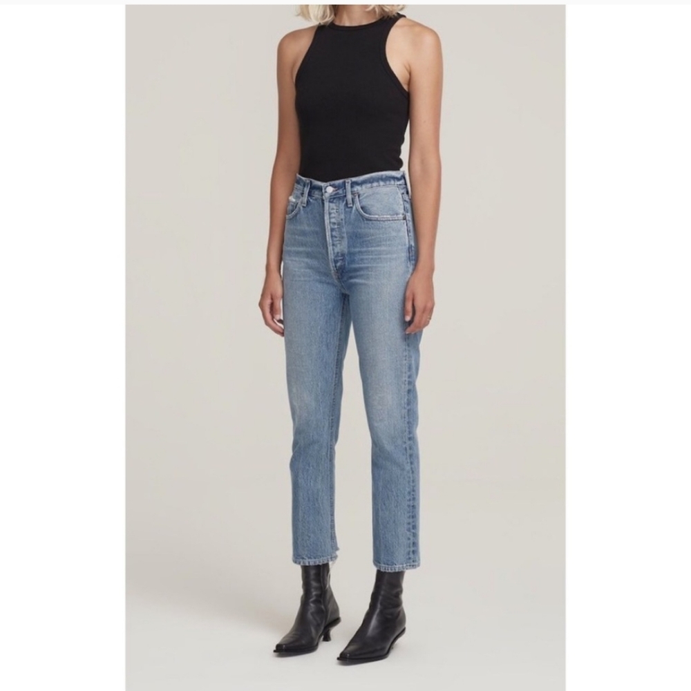 Agolde High Rise Straight Jeans in Light Blue Wash